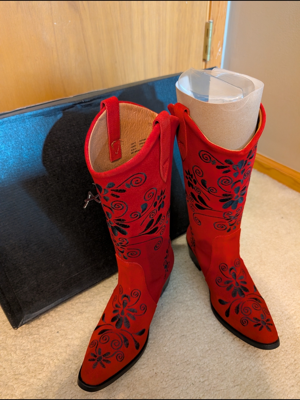 Red Suede Embroidered Mid-Calf Heeled Boots - Women's